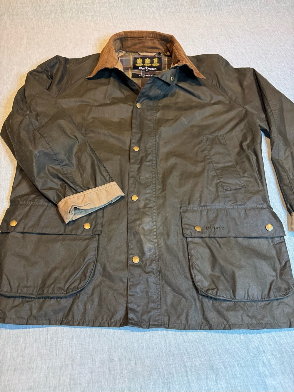 Barbour Dark Olive Waxed Field Jacket with Tan Cord Collar - Picture 3 of 16